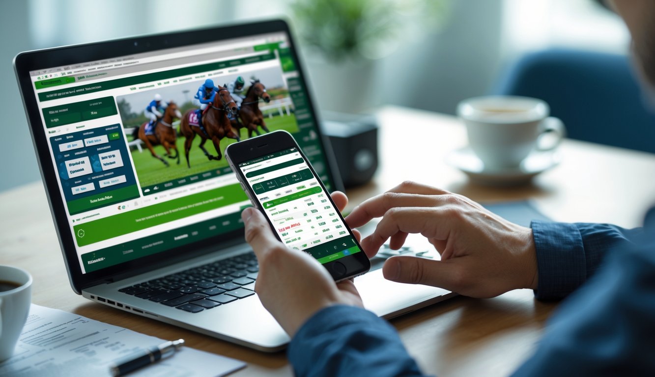 Seseorang menggunakan laptop dan ponsel untuk memasang taruhan pada balapan kuda secara online di meja kerja.