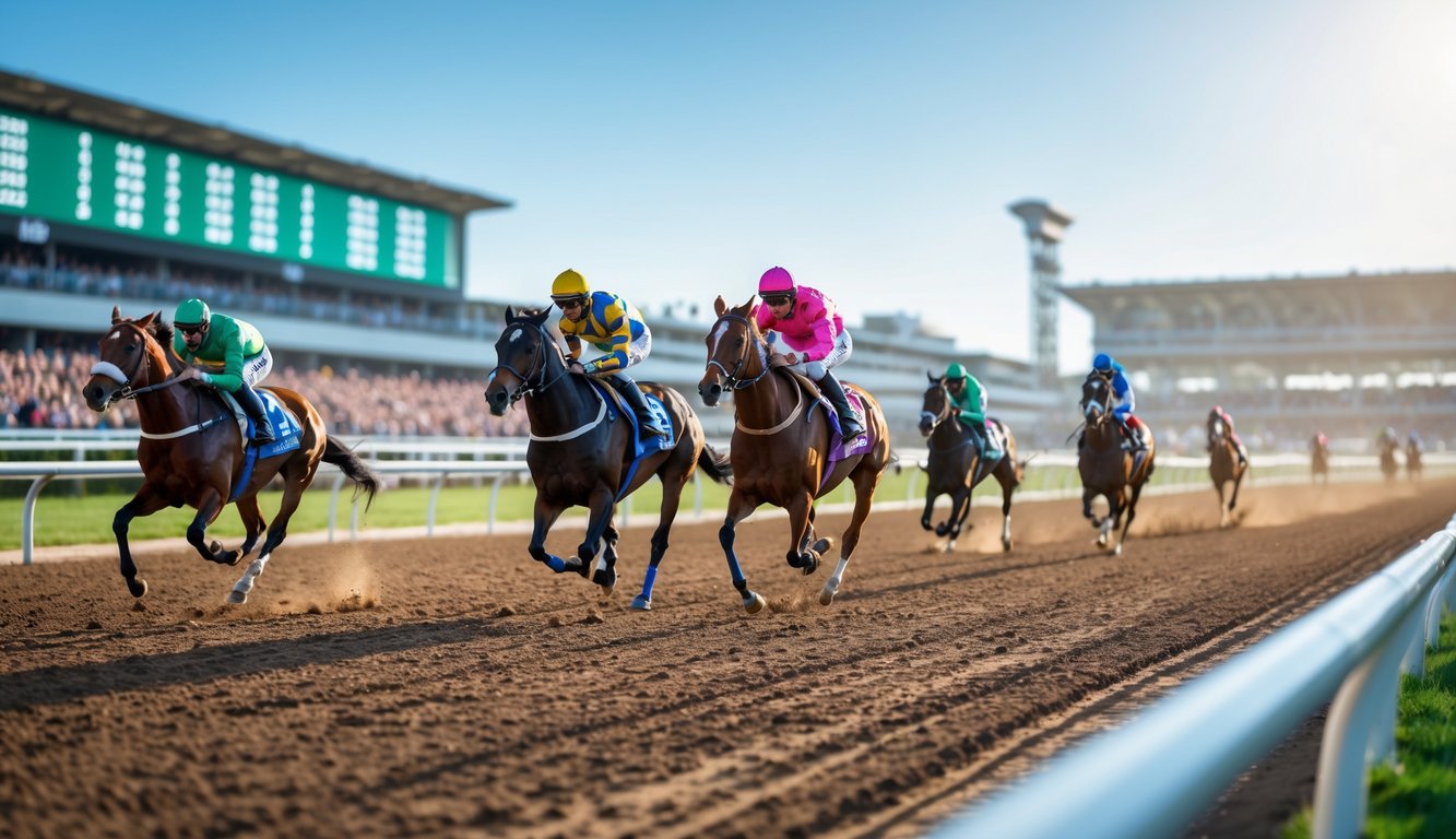 Beberapa kuda pacuan dengan joki berlomba di lintasan pacu dengan penonton di latar belakang.