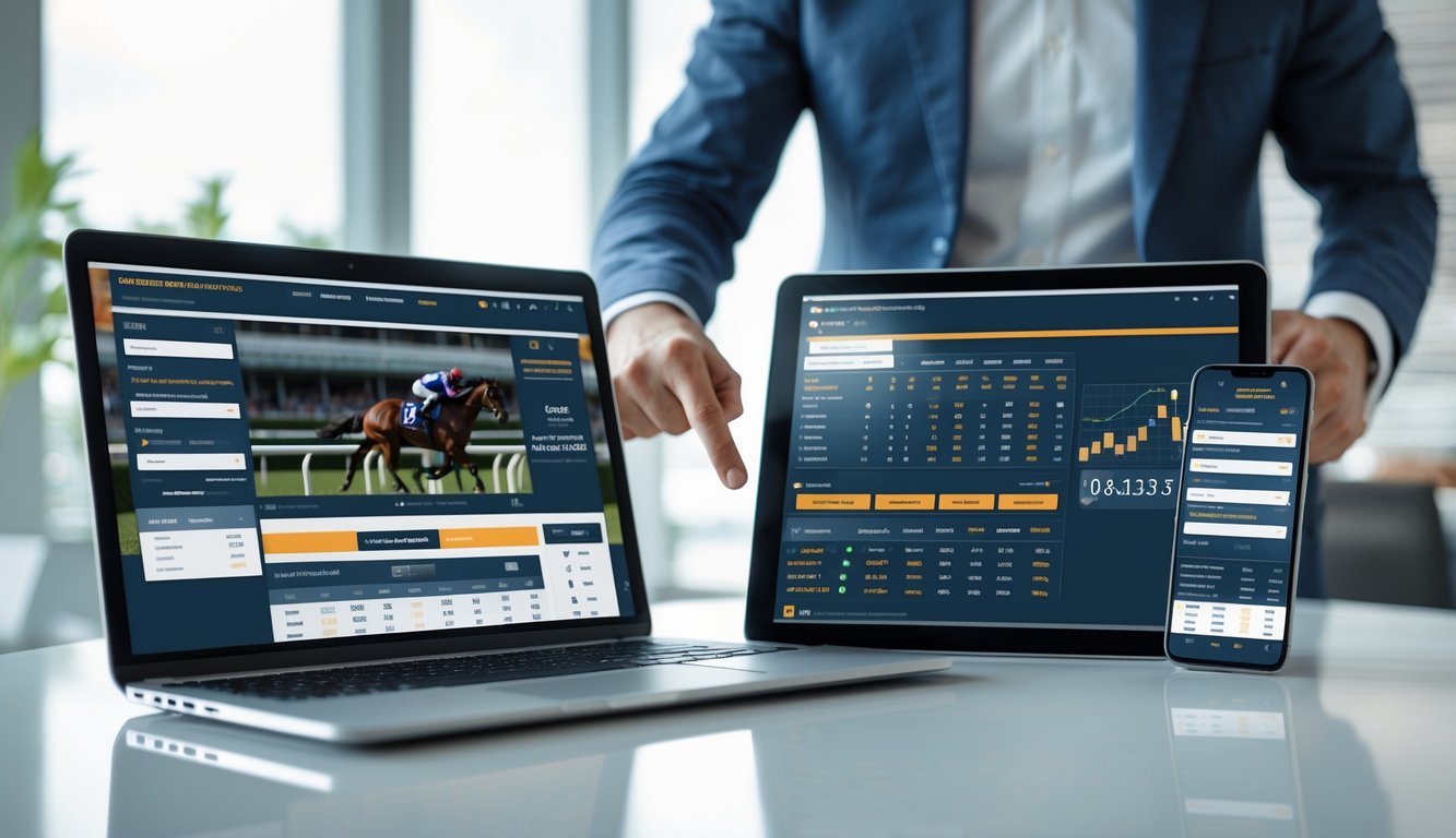 Seorang pria di ruang kerja modern menggunakan laptop, tablet, dan ponsel yang menampilkan data taruhan pacuan kuda.