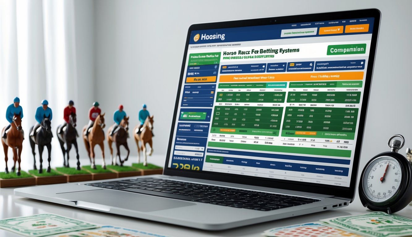 Sebuah ruang kerja modern dengan komputer yang menampilkan perbandingan situs taruhan kuda pacuan lengkap.