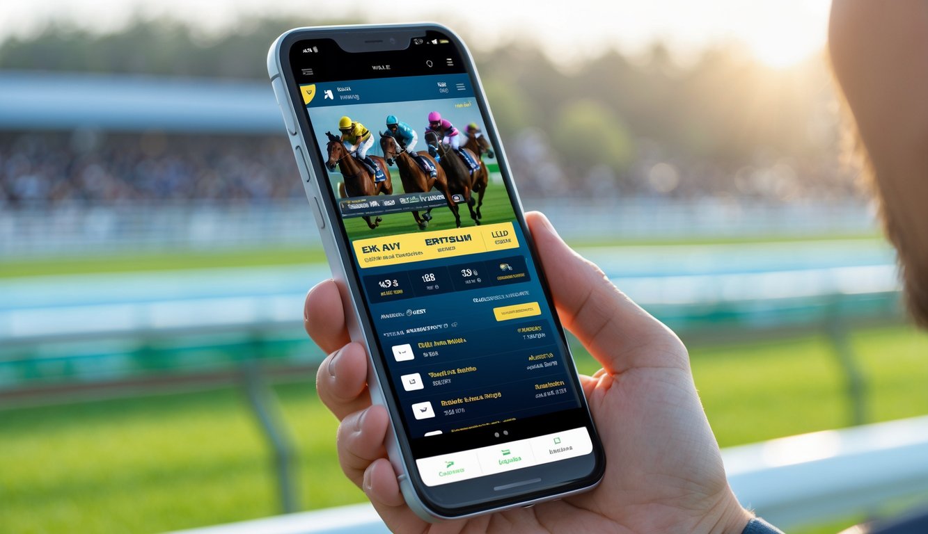 Seseorang memegang smartphone dengan aplikasi taruhan kuda pacuan terbuka di layar, latar belakang berupa area lintasan pacuan kuda yang samar.