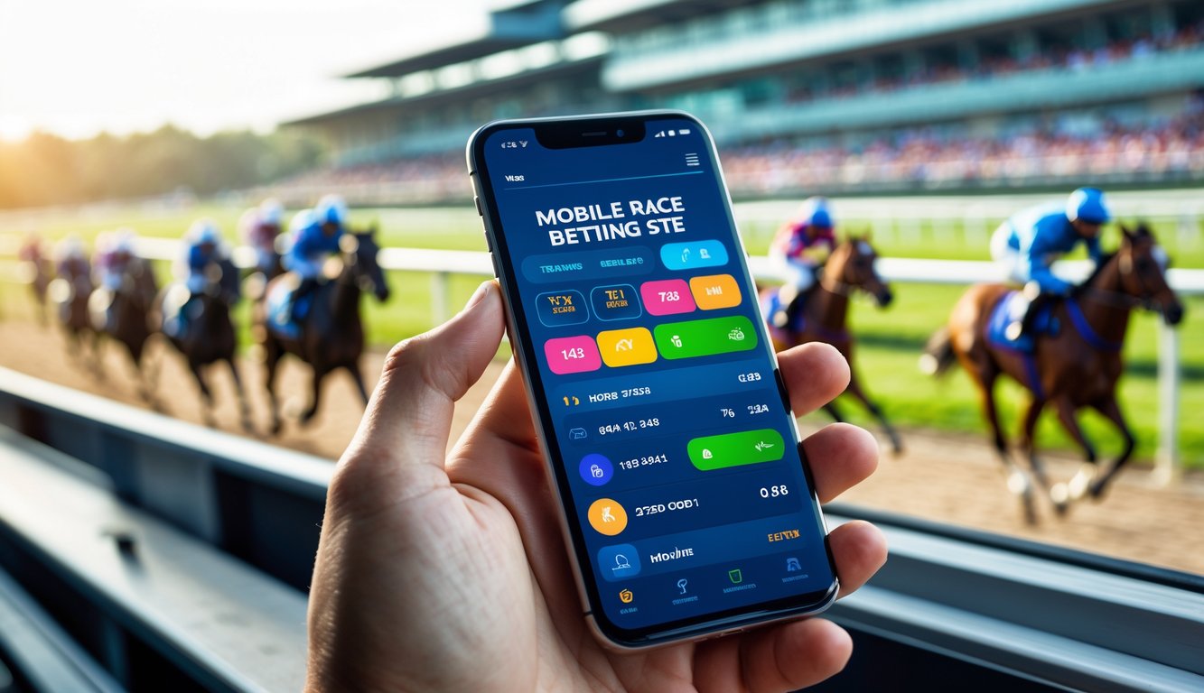 Seseorang memegang smartphone yang menampilkan aplikasi taruhan kuda pacuan dengan latar belakang lintasan pacuan kuda yang sedang berlangsung.