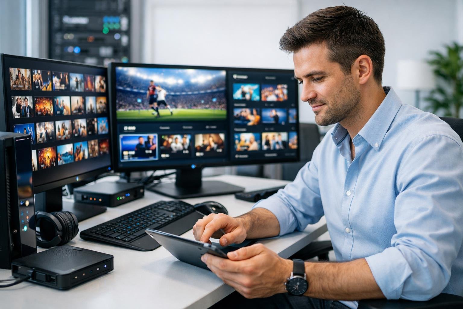 A young man working at a desk with multiple screens showing streaming content in a modern office.