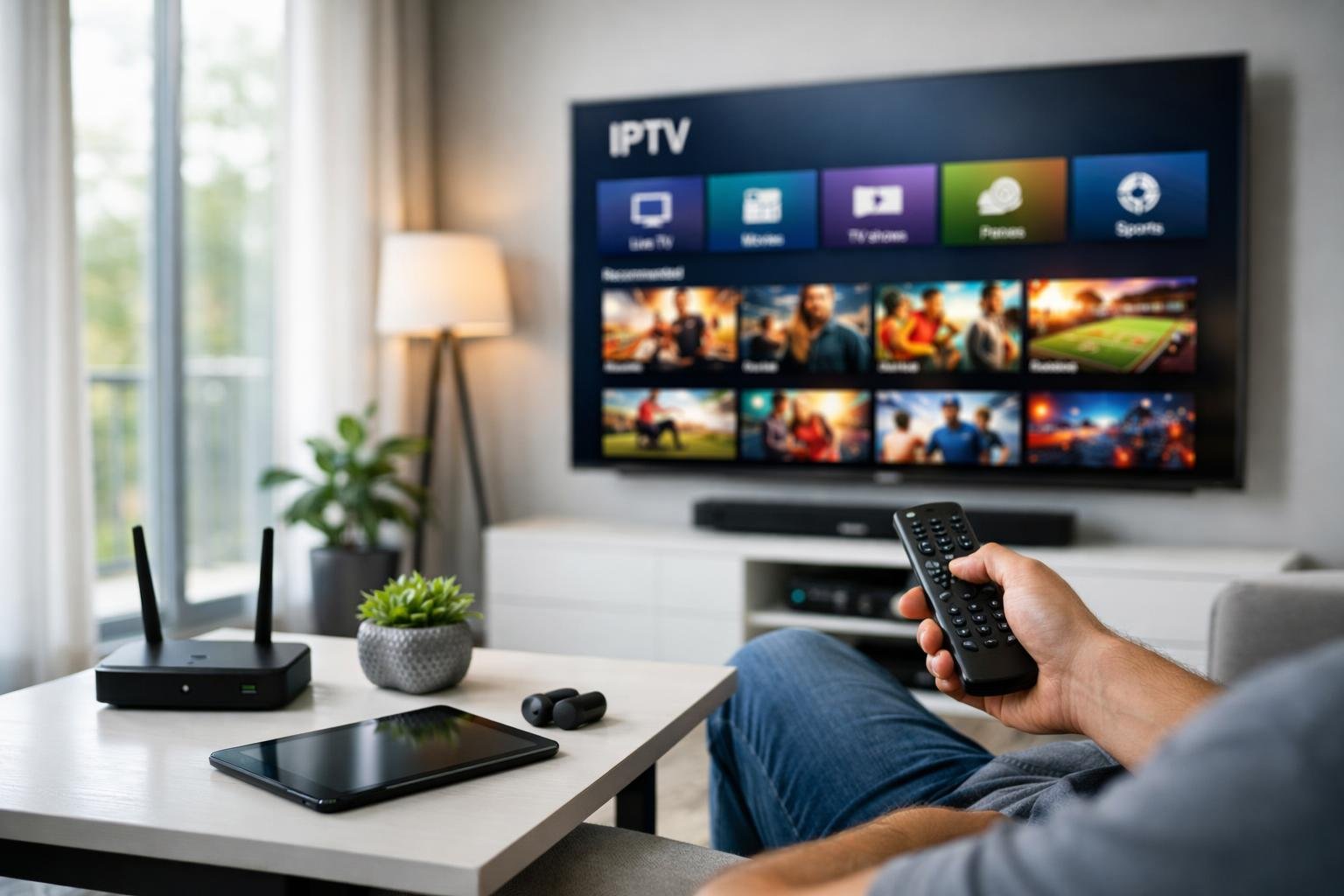 A person sitting on a sofa in a modern living room using a remote control to navigate a smart TV displaying a colorful streaming interface.