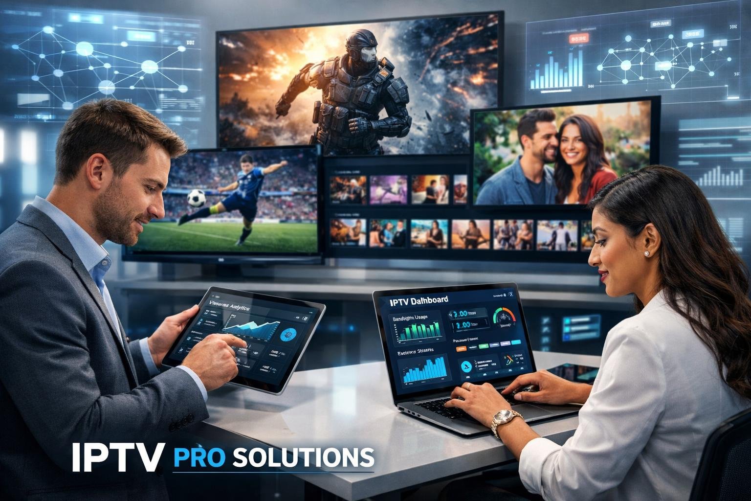 A group of professionals working with multiple screens displaying streaming content and digital interfaces in a modern office.