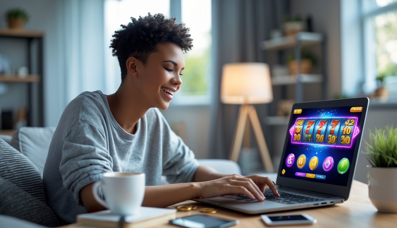 Seorang pemula yang bahagia sedang bermain permainan slot online di laptop di ruang tamu yang nyaman.