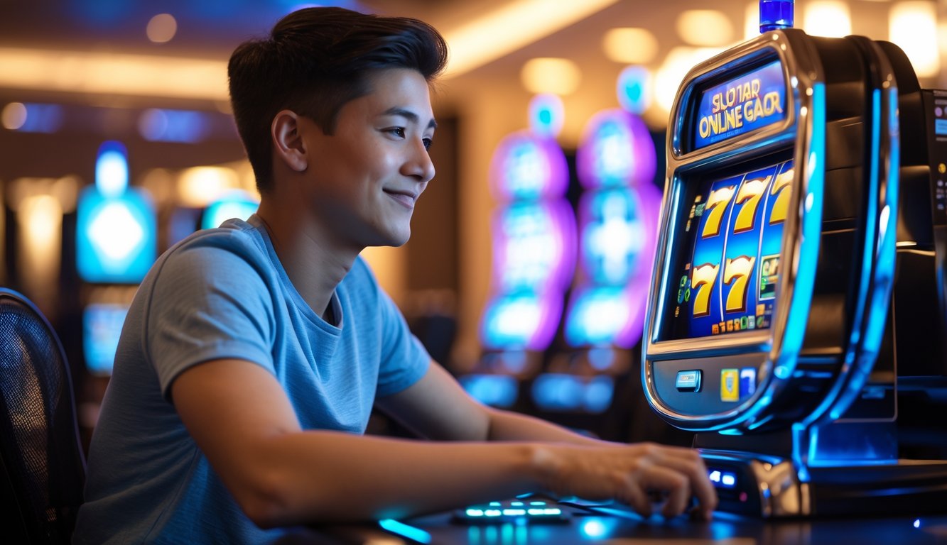 Seorang pemula sedang bermain mesin slot di kasino dengan ekspresi fokus dan suasana yang cerah.