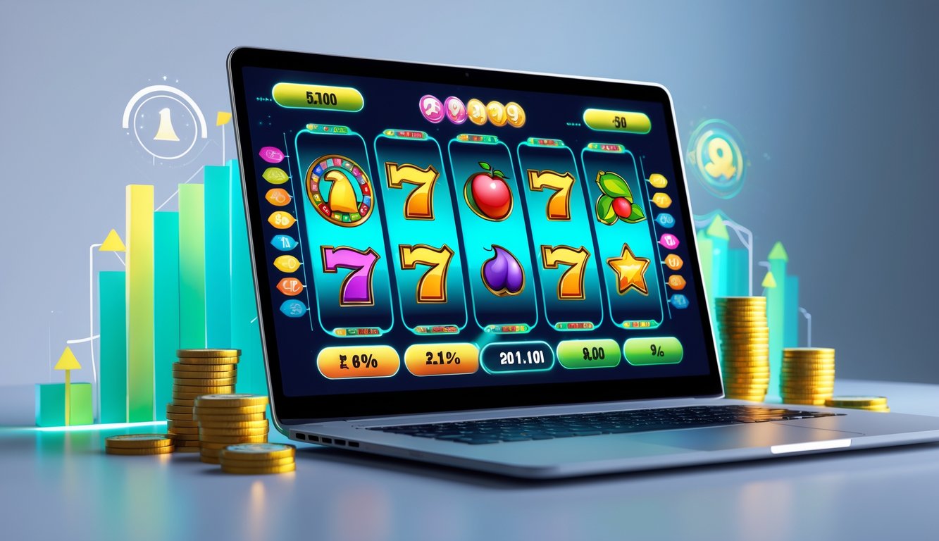 Sebuah komputer menampilkan permainan slot online yang berwarna-warni dengan simbol jackpot dan grafik yang menunjukkan peluang menang tinggi.