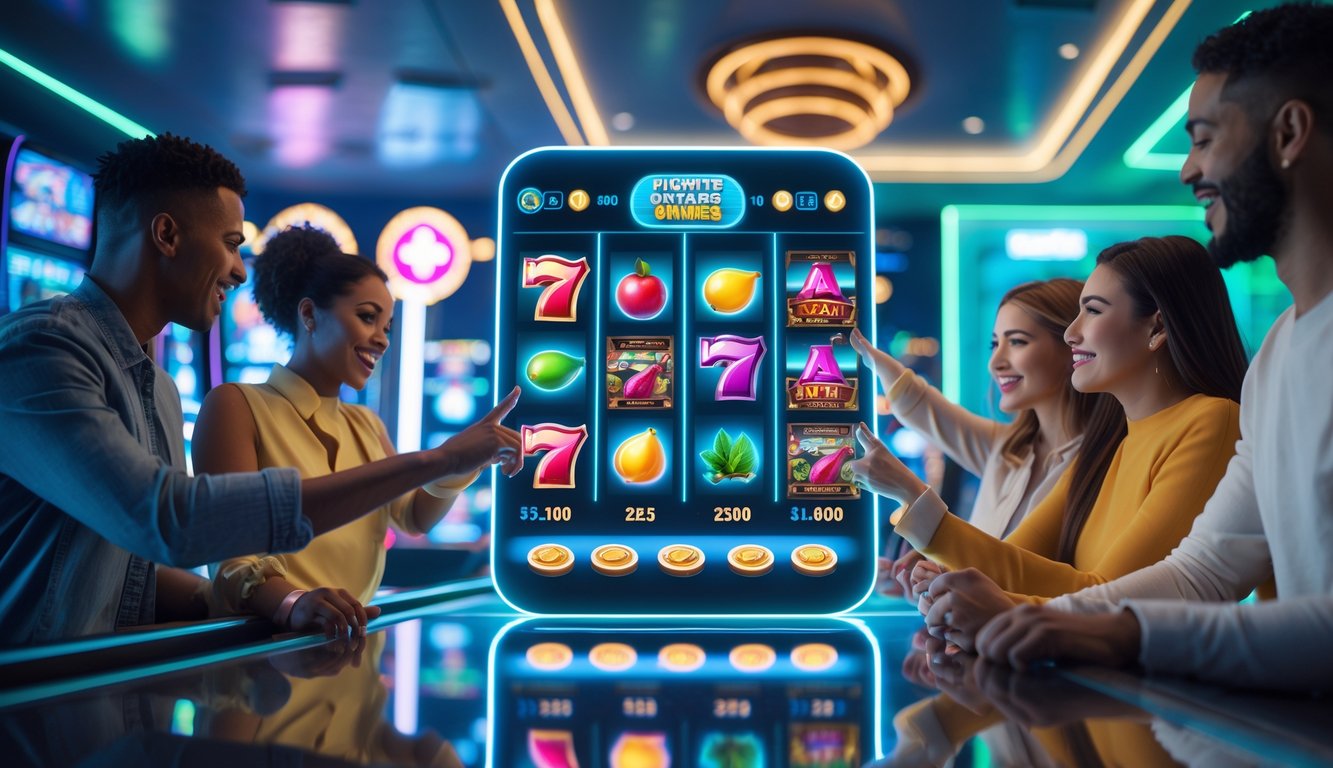 Sekelompok orang muda sedang berinteraksi dengan layar sentuh digital yang menampilkan mesin slot berwarna-warni di ruang bermain modern.