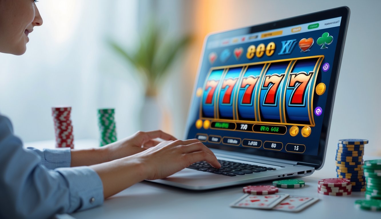 Seseorang sedang bermain permainan slot online di laptop di meja yang rapi dengan suasana terang dan fokus pada layar komputer.