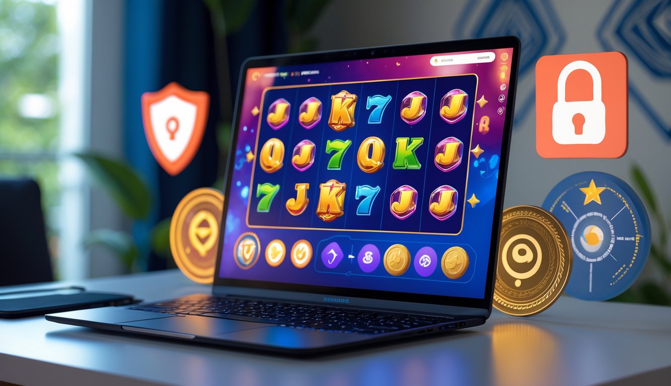 Seorang pengguna duduk di depan komputer dengan layar menampilkan permainan slot online berwarna-warni, dikelilingi oleh simbol keamanan dan elemen budaya Indonesia.