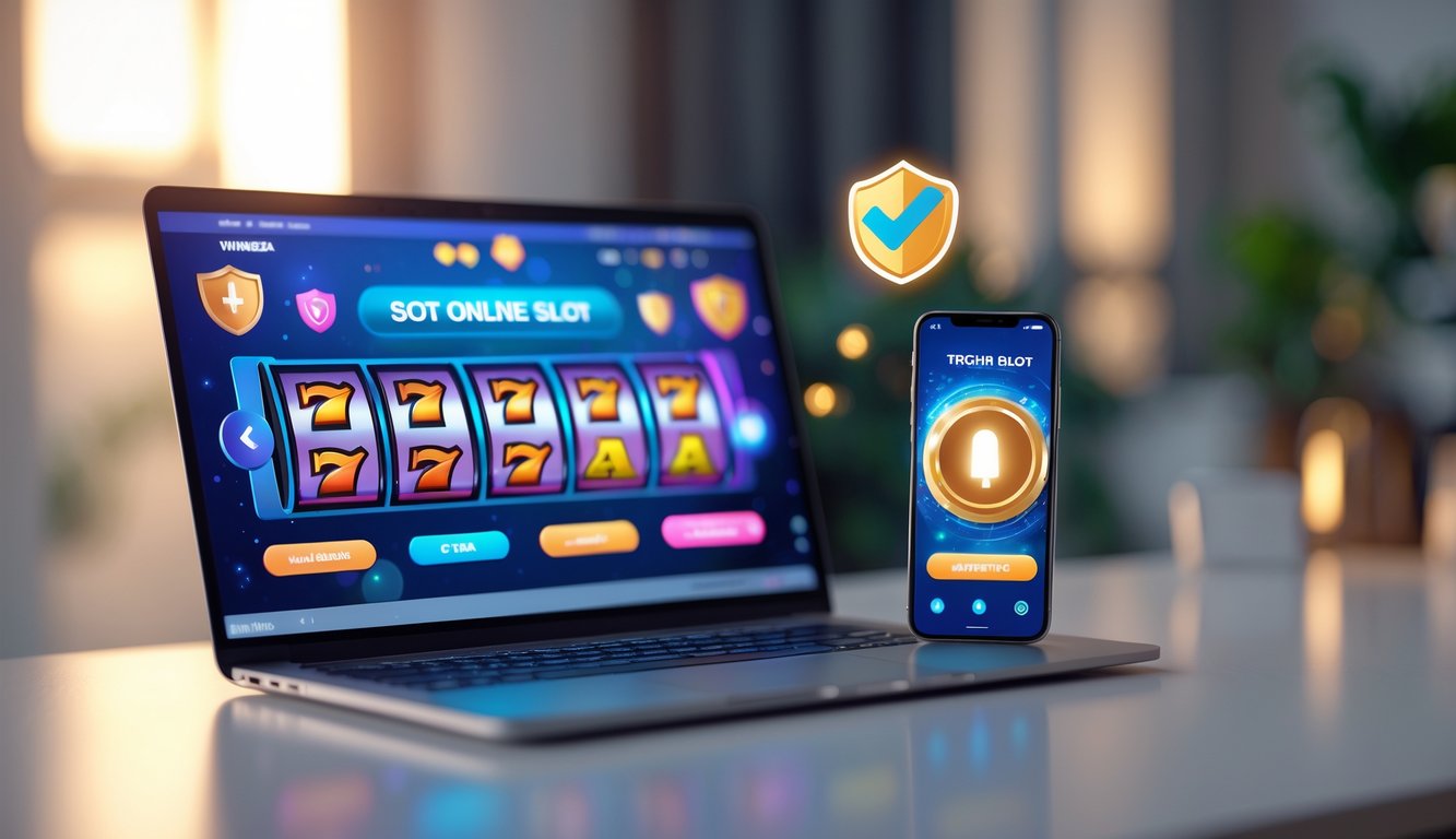 Seorang pengguna duduk di depan laptop dan ponsel yang menampilkan permainan slot online dengan ikon warna-warni, di meja bersih dengan latar belakang kantor rumah yang nyaman.