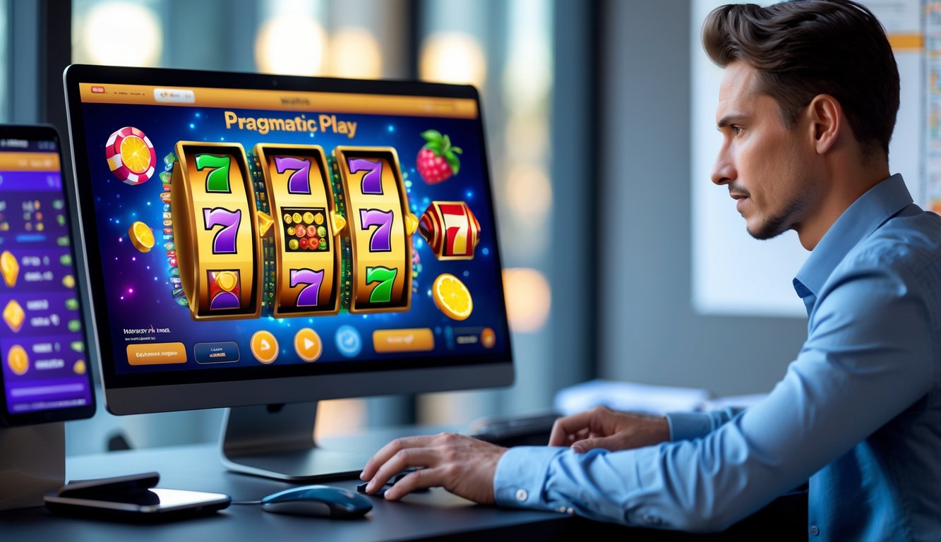 Seseorang yang fokus menggunakan komputer dengan layar menampilkan permainan slot online berwarna cerah dan simbol-simbol keberuntungan.