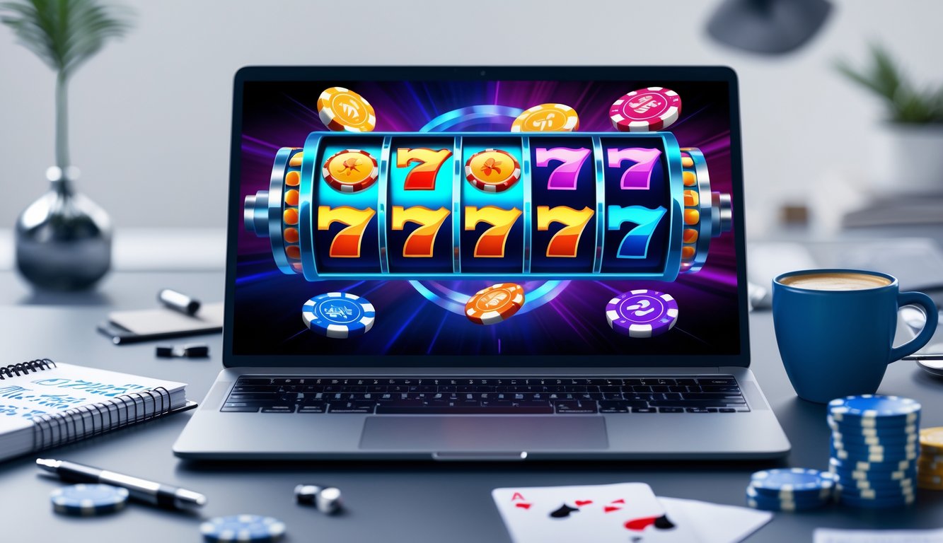 Seorang pemain sedang menggunakan komputer dengan tampilan permainan slot online Pragmatic Play, dikelilingi oleh alat tulis dan cangkir kopi di meja kerja.