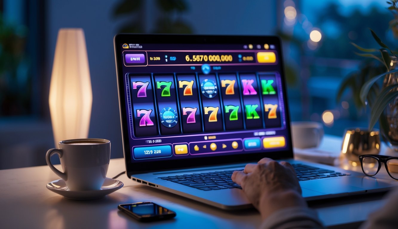 Seorang pemain sedang menggunakan komputer dengan layar menampilkan permainan slot online berwarna-warni di malam hari.