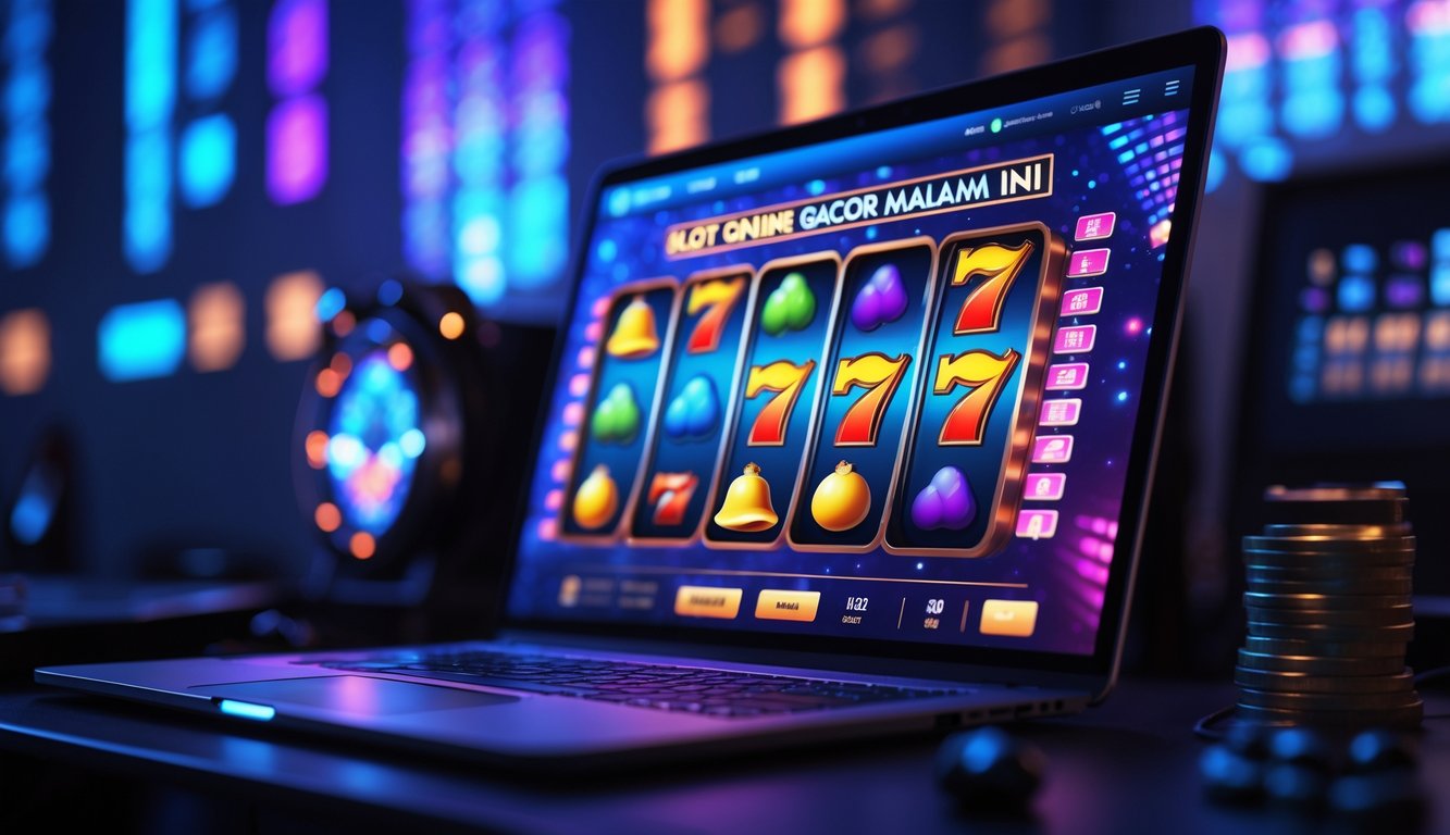 Sebuah komputer dengan layar menampilkan mesin slot online yang berwarna-warni di suasana malam hari.