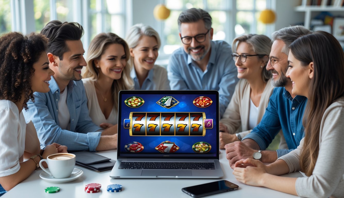 Sekelompok orang berkumpul di sekitar laptop di ruang kerja modern, sedang belajar dan bermain permainan slot online dengan ekspresi fokus dan senang.