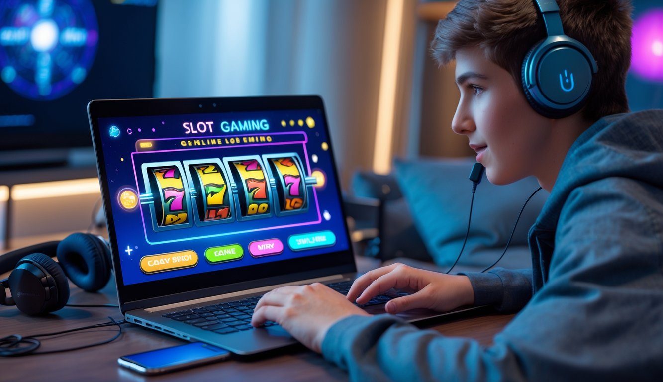 Seorang dewasa muda sedang menggunakan laptop dengan tampilan permainan slot online di ruang kerja yang nyaman di rumah.