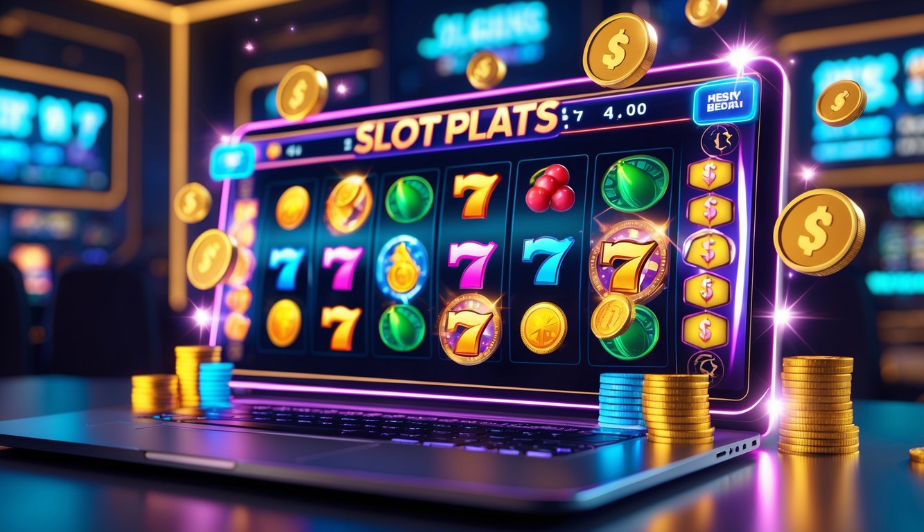 Layar komputer menampilkan permainan slot online dengan simbol warna-warni dan ikon bonus di latar ruang permainan yang gelap.