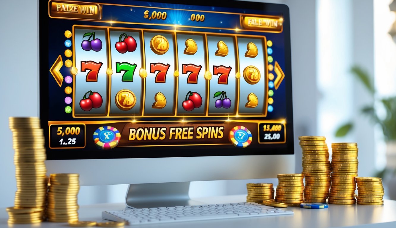 Tampilan layar komputer dengan permainan slot online yang menampilkan gulungan warna-warni dan tumpukan koin emas di meja.