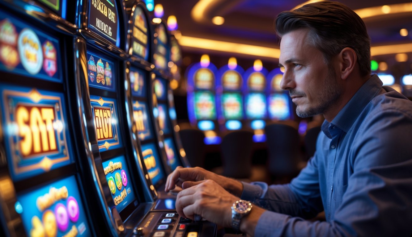 Seorang pria dewasa sedang duduk di depan mesin slot di kasino, terlihat fokus dan percaya diri saat bermain.