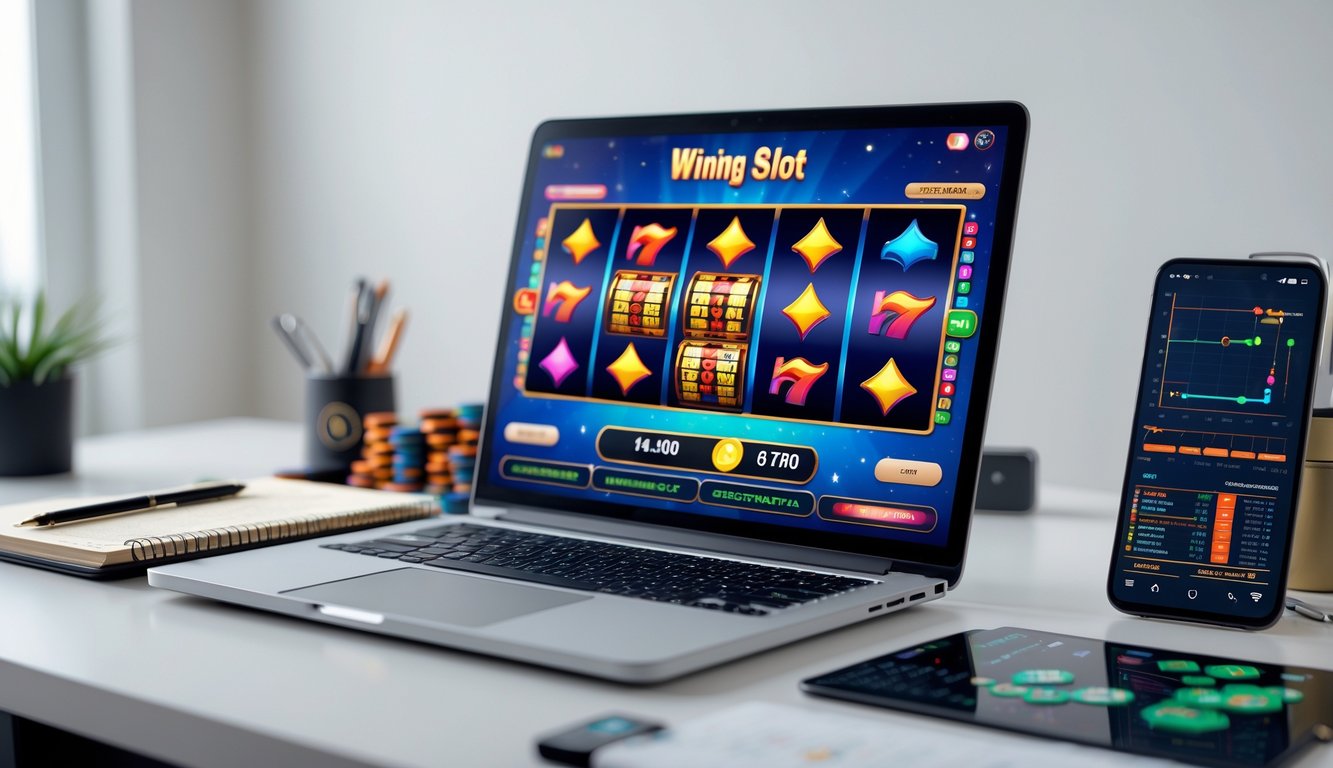 Seorang pemain sedang duduk di depan komputer dengan permainan slot online di layar, dikelilingi oleh catatan dan perangkat yang menunjukkan analisis pola kemenangan.