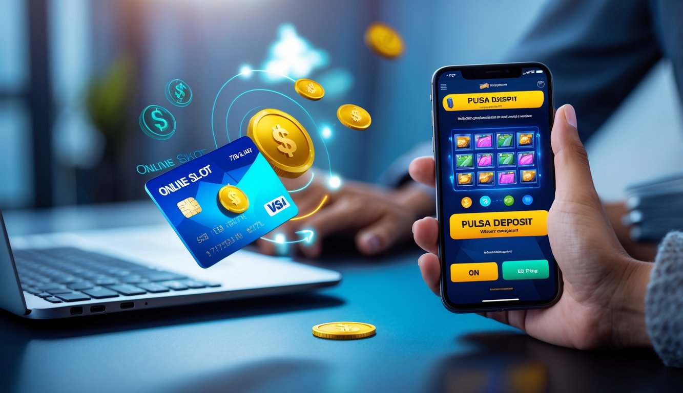 Tangan memegang smartphone yang menampilkan permainan slot online dengan layar aplikasi pembayaran digital di latar depan, di meja kerja modern dengan laptop dan kartu kredit.