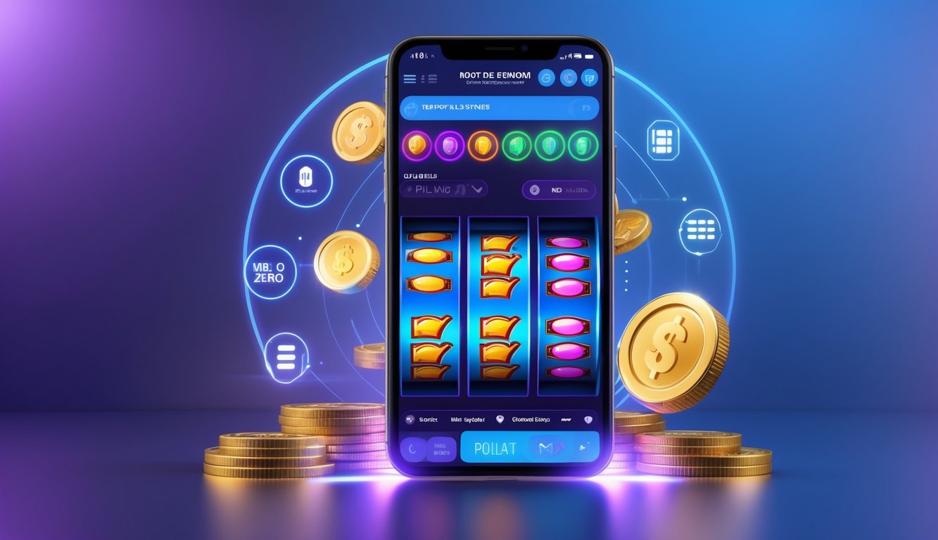 Gambar smartphone menampilkan permainan slot online dengan ikon pulsa dan simbol tanpa potongan di latar belakang teknologi modern.