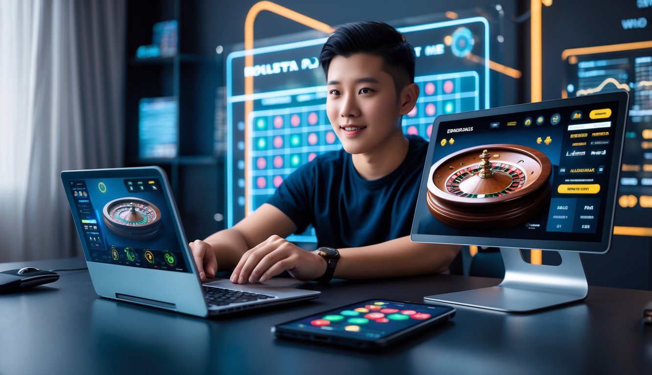 Seorang pemuda duduk di meja dengan laptop dan ponsel yang menampilkan permainan roulette online, terlihat fokus dan percaya diri di ruangan modern.