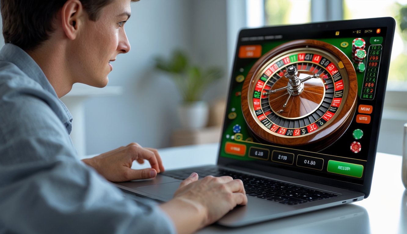 Seorang dewasa muda duduk di depan komputer dengan tampilan roda roulette online yang berwarna-warni di layar.