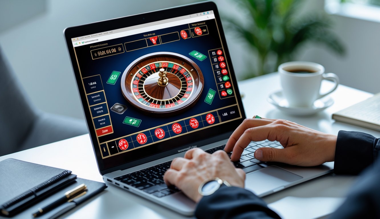 Seseorang sedang bermain roulette online di komputer dengan suasana fokus dan peralatan di meja seperti buku catatan dan kopi.