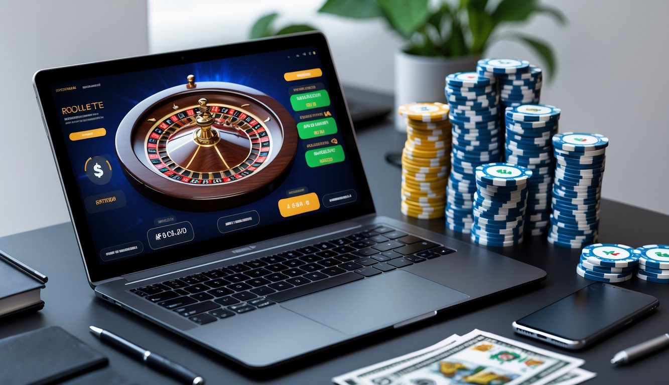 Seorang pemain sedang fokus bermain roulette online dengan laptop, chip poker, dan uang di meja.
