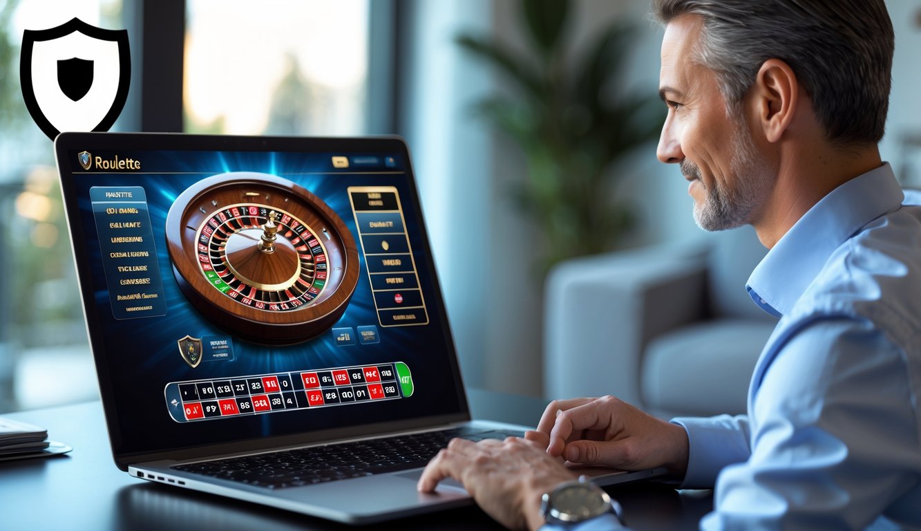 Seorang pemain dewasa menggunakan laptop untuk bermain roulette online di lingkungan rumah yang nyaman dengan tampilan layar permainan roulette yang jelas dan simbol keamanan.