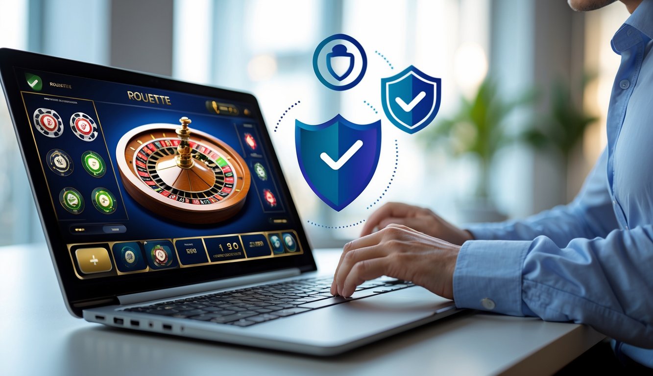 Seorang profesional menggunakan laptop dengan tampilan permainan roulette online di meja kerja yang rapi dan terang.