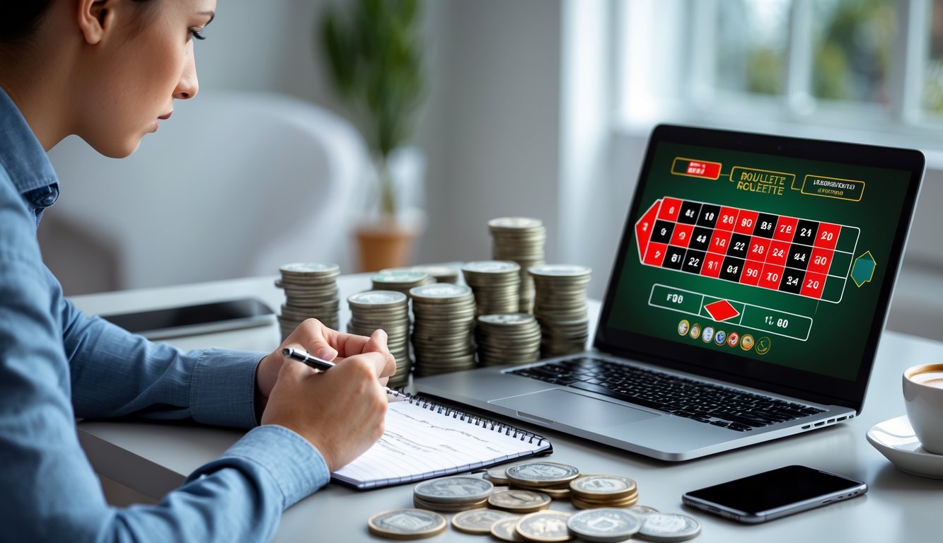 Seseorang sedang mengelola uang sambil bermain roulette online di depan laptop dengan catatan dan tumpukan uang di meja.