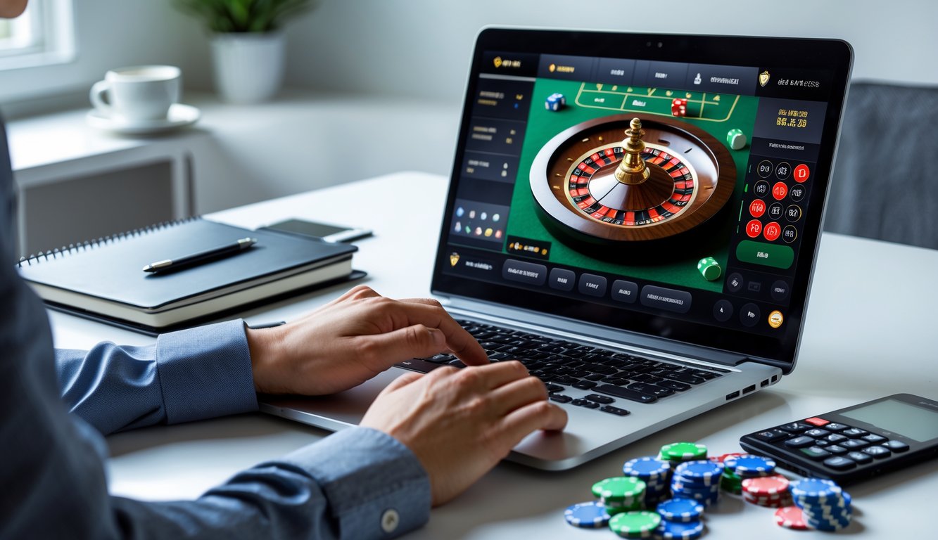 Seorang dewasa muda fokus bermain roulette online di laptop dengan chip poker dan alat tulis di meja.