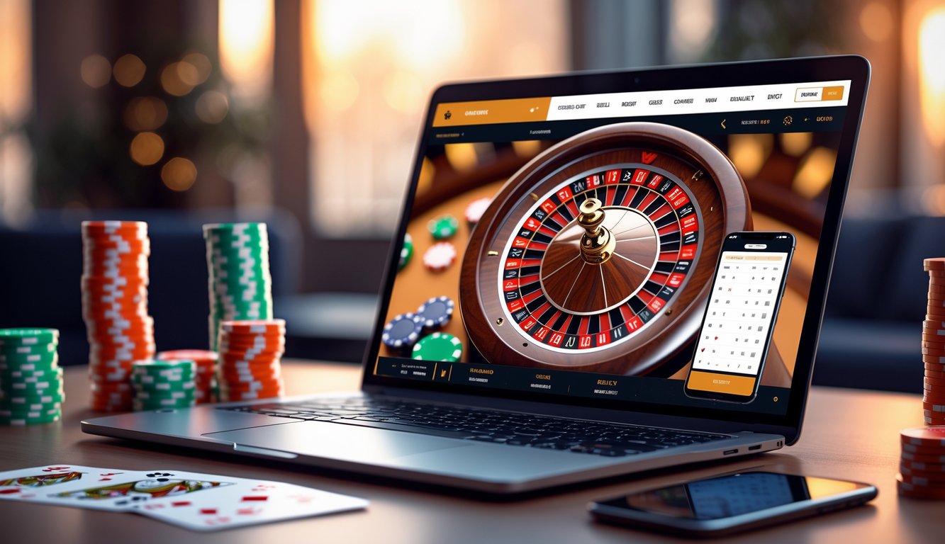 Sebuah laptop dengan tampilan roda roulette digital, dikelilingi oleh chip poker dan kartu remi di atas meja, menunjukkan suasana permainan roulette online.