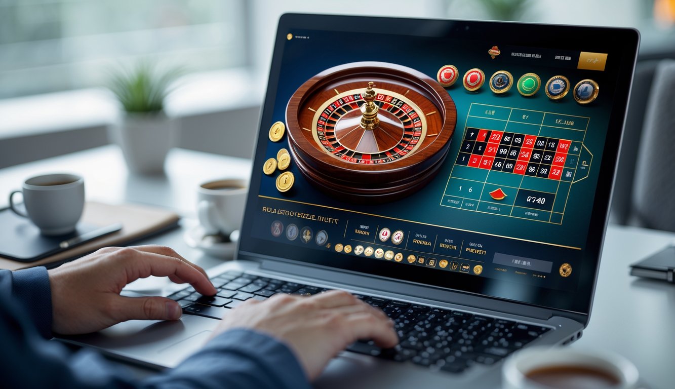 Seseorang sedang bermain roulette online di komputer dengan roda roulette dan meja taruhan terlihat di layar.