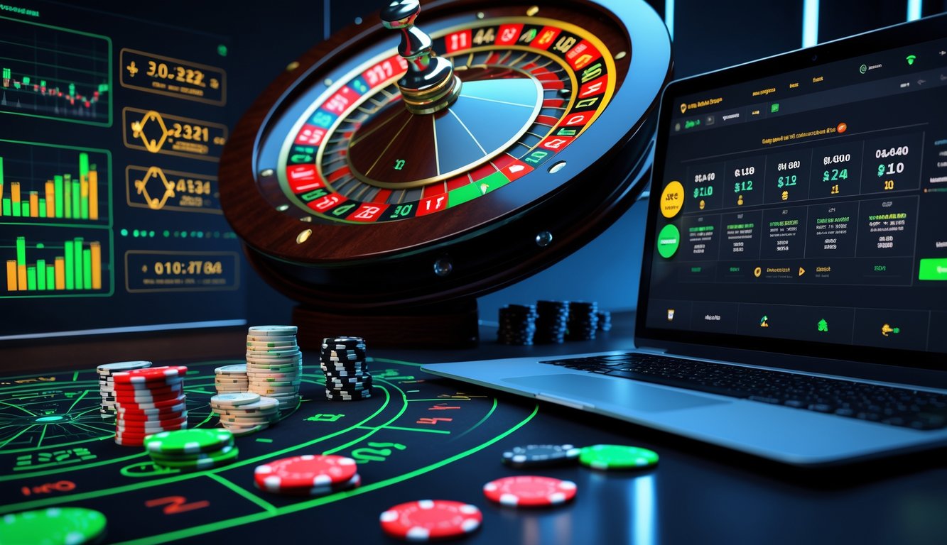Meja roulette dengan roda berputar dan layar perangkat menampilkan permainan roulette online.