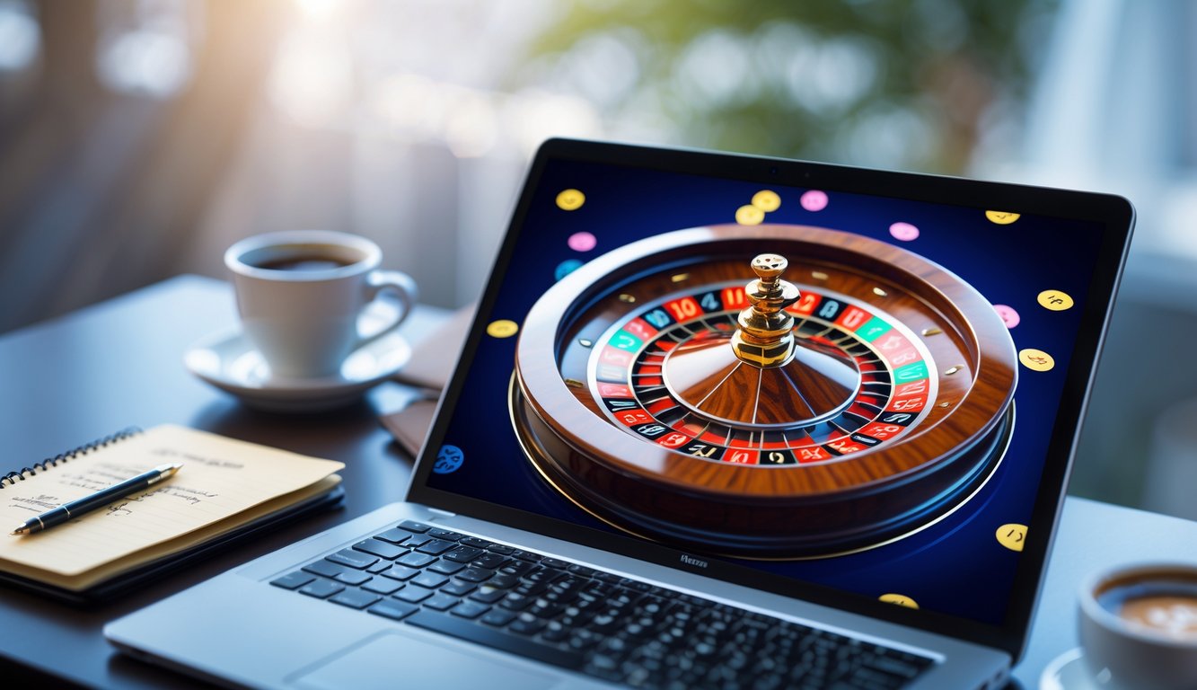 Seorang pemain sedang menggunakan komputer dengan tampilan roda roulette online yang berputar, di meja terdapat buku catatan dan cangkir kopi.