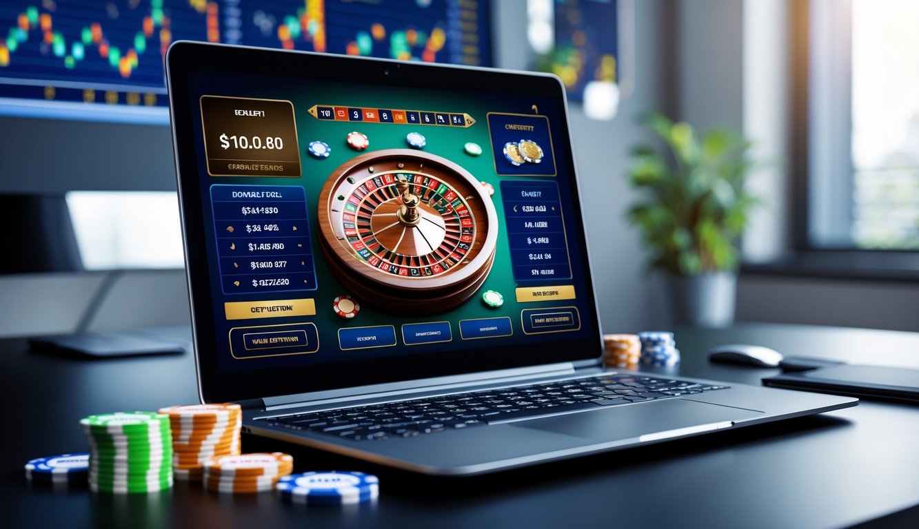 Seorang pria menggunakan laptop dengan tampilan permainan roulette online di layar, di meja terdapat chip taruhan, suasana ruangan rapi dan terang.