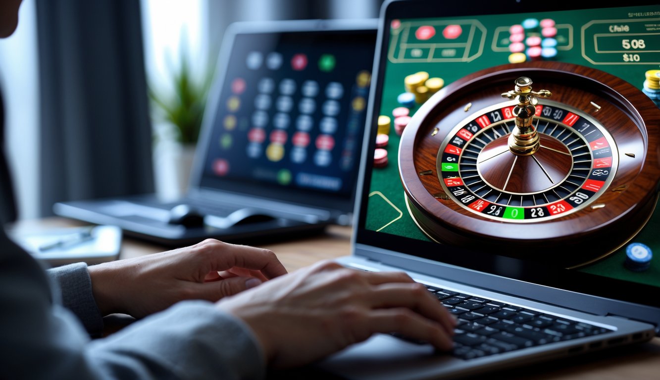 Seseorang bermain roulette online uang asli di komputer dengan roda roulette berputar dan chip taruhan terlihat di layar.