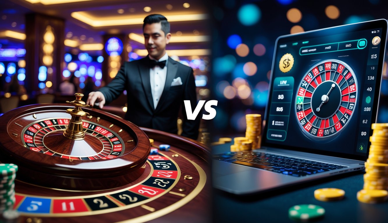 Gambaran perbandingan antara roulette langsung dengan dealer di kasino dan roulette digital di layar perangkat elektronik.