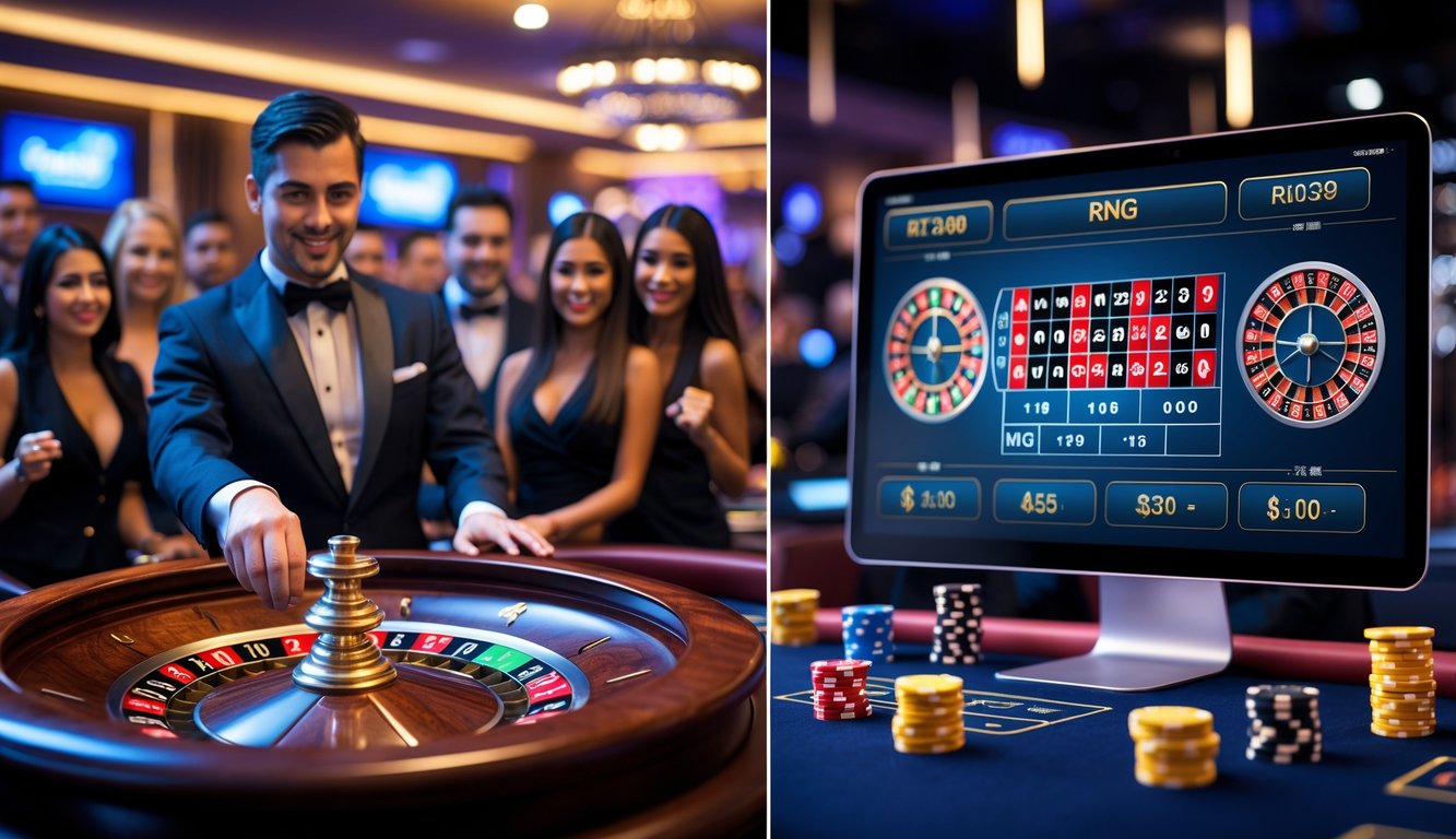 Gambaran perbandingan antara permainan roulette langsung di kasino dengan dealer dan permainan roulette RNG di layar perangkat digital.