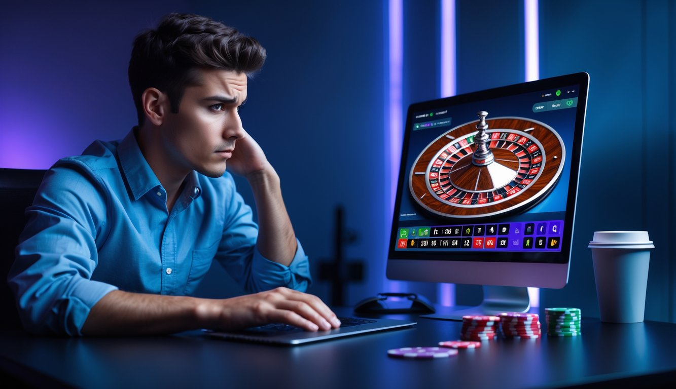Seorang pria muda duduk di depan laptop dengan tampilan permainan roulette online, terlihat fokus dan serius saat bermain.