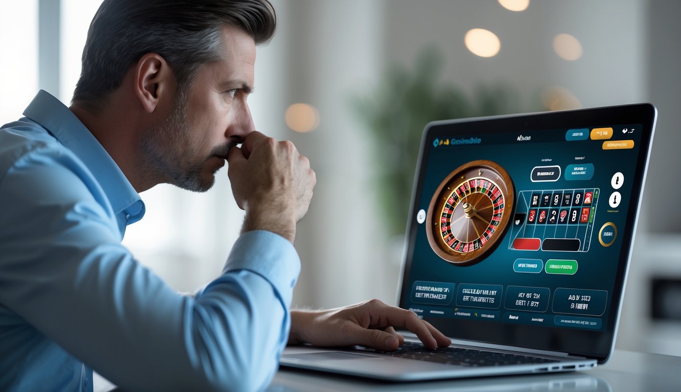 Seorang pria dewasa serius duduk di depan komputer dengan permainan roulette online, tampak fokus dan berhati-hati.