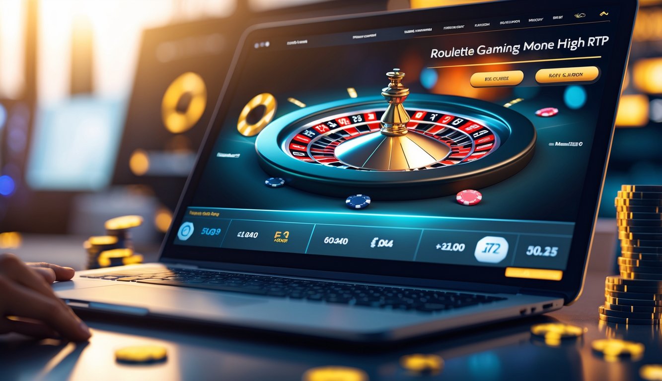 Seorang pemain menggunakan komputer dengan tampilan roda roulette online yang sedang berputar, menunjukkan suasana permainan roulette uang nyata.
