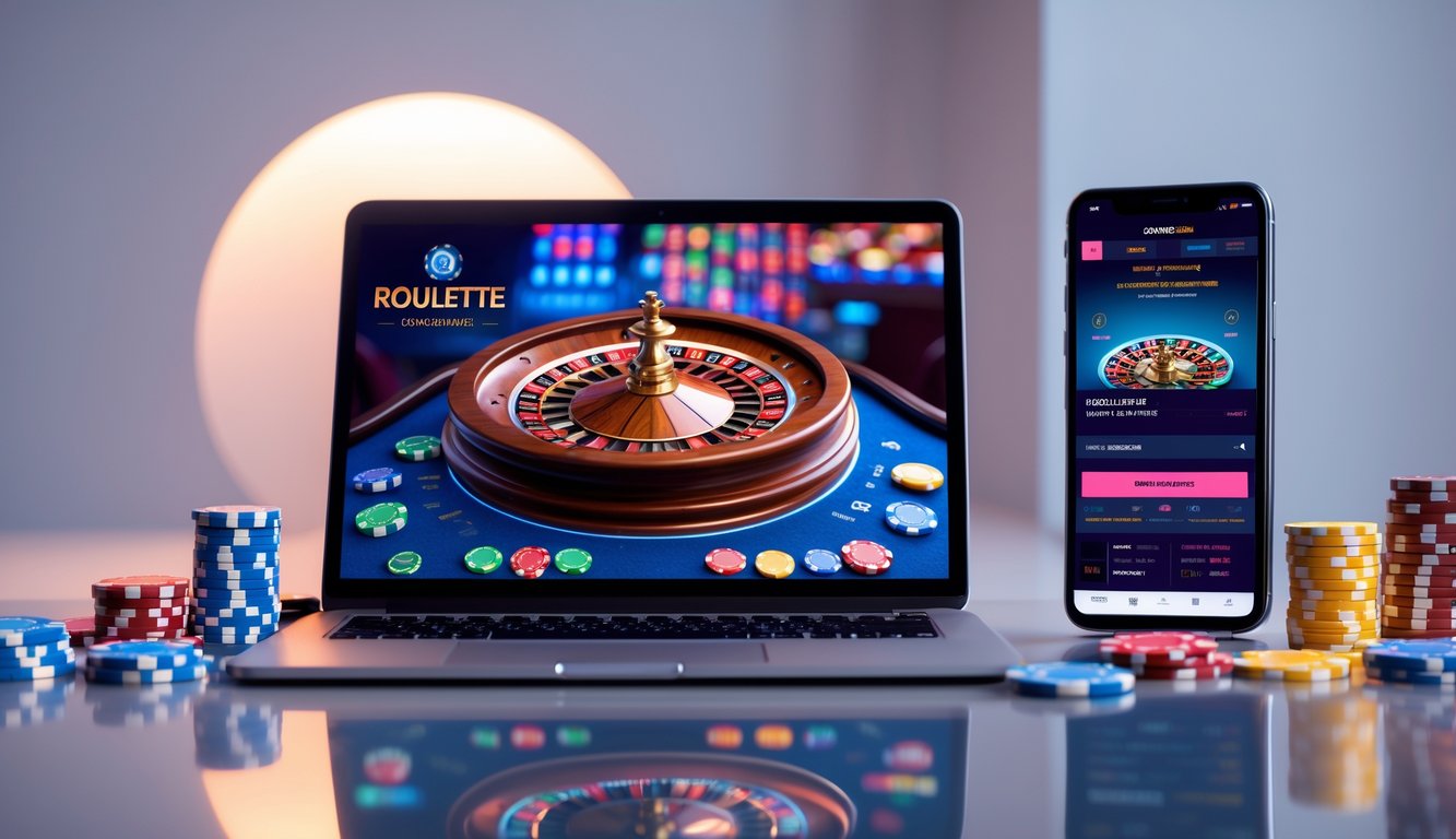 Seorang pengguna bermain game roulette online dengan laptop dan chip kasino di meja.