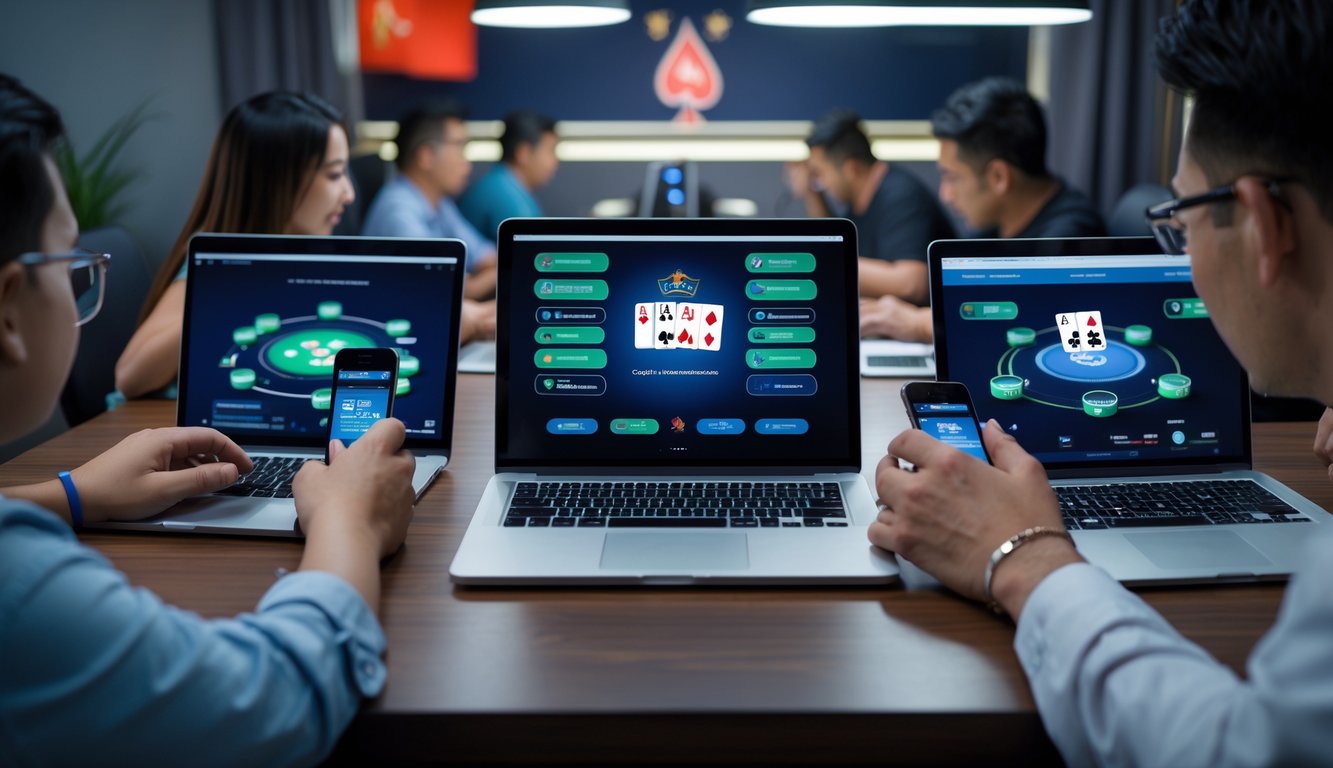 Orang-orang bermain poker online di perangkat digital dengan suasana kerja yang modern dan terang.