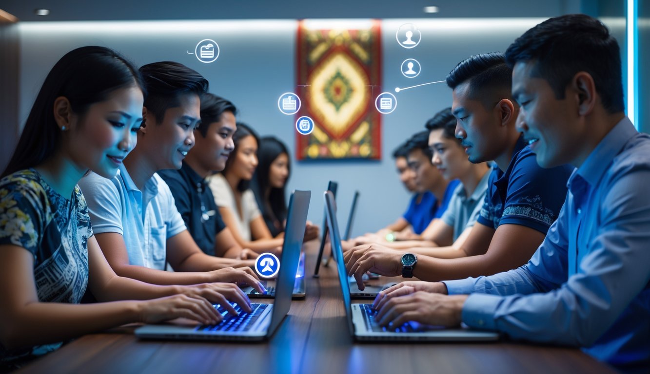 Sekelompok orang bermain poker online dengan laptop dan ponsel di ruangan modern yang terang dan nyaman.